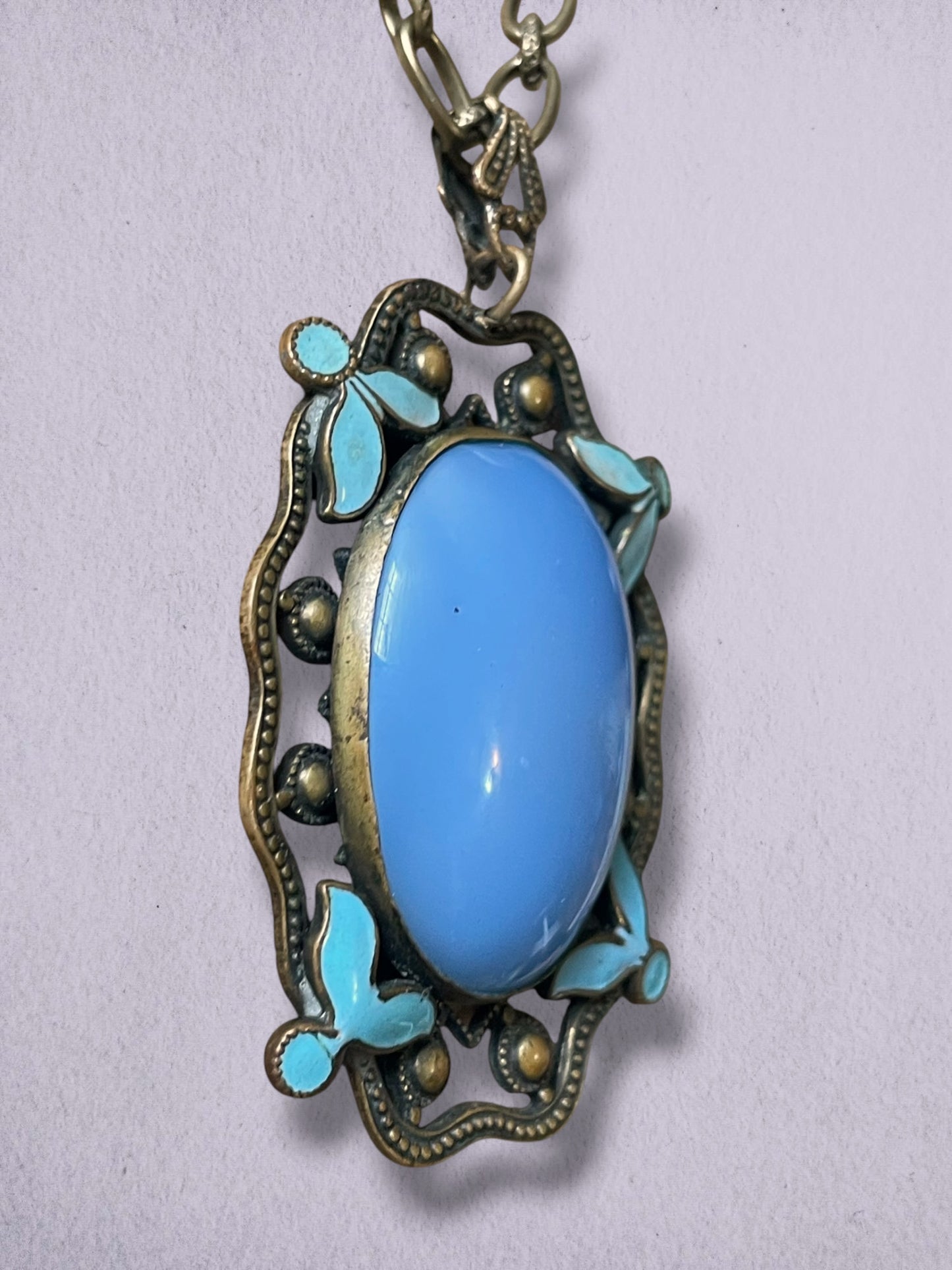 Czech Brass Filigree Nieger Brothers Blue art Glass & Enamel Necklace