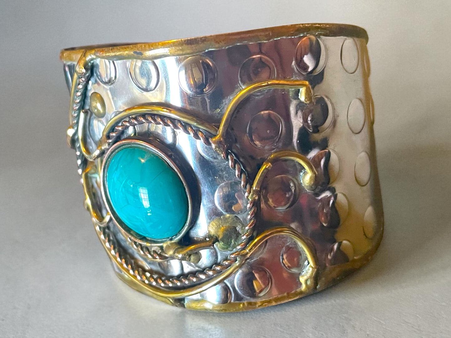 Brutalist Turquoise Art Glass Copper, Brass & Silver Wide Hammered Cuff Bracelet