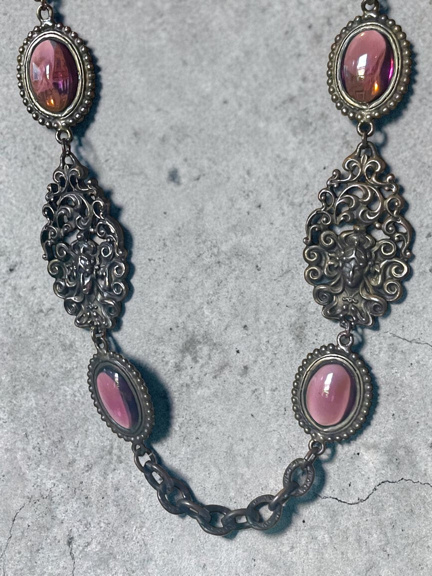 Art Nouveau Woman’s Face Flowing Hair Brass Purple Art Glass Long Necklace