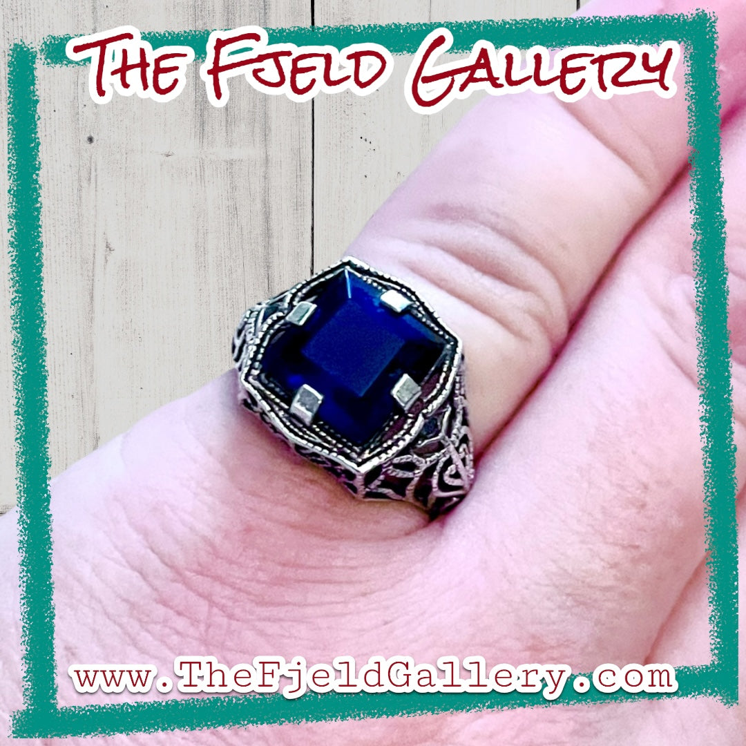 Sapphire & Aquamarine Victorian Sterling Silver Filigree Ring