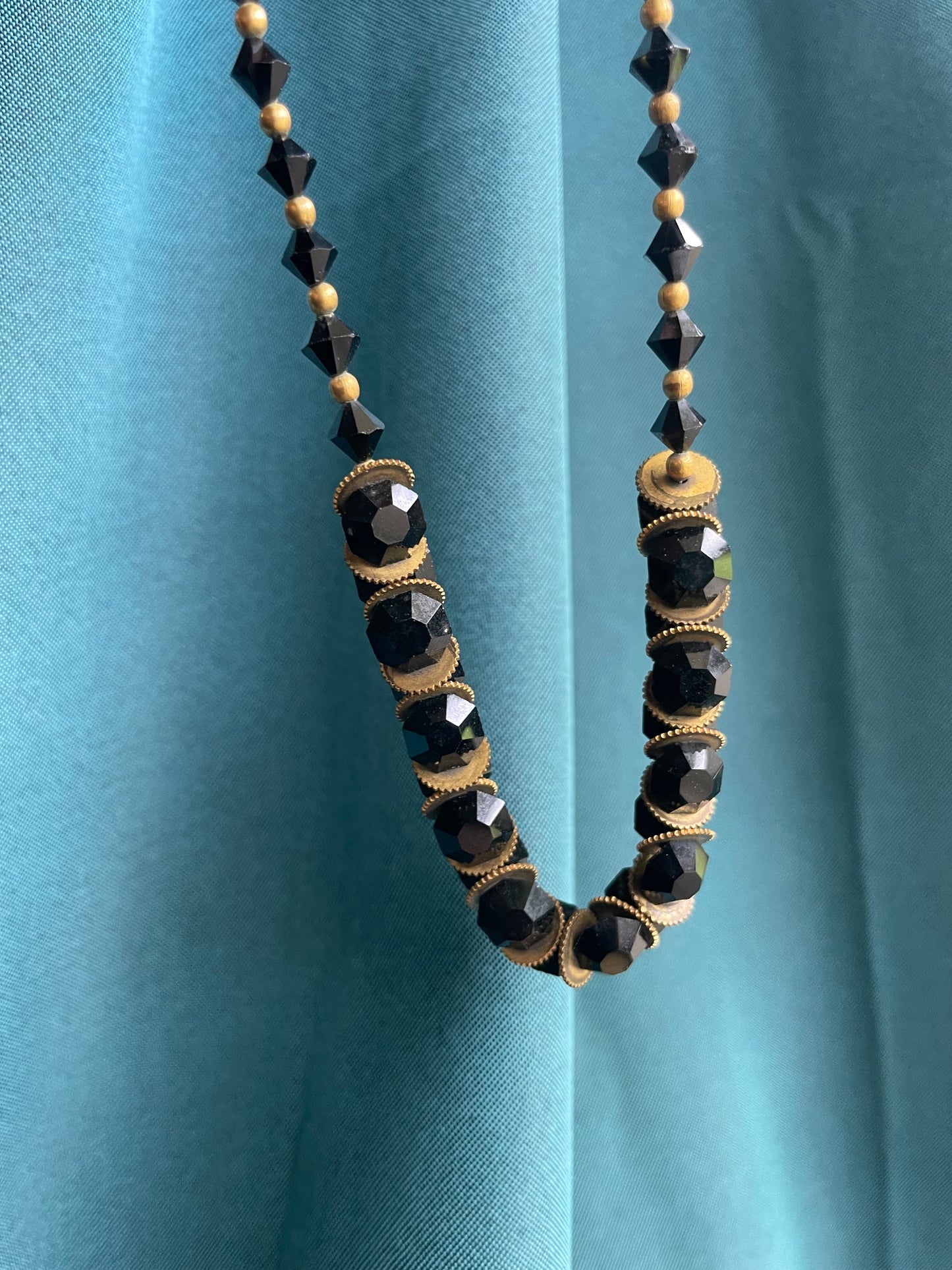 Victorian Mourning Black Crystal & Brass Saw-blade Gothic Chain Necklace