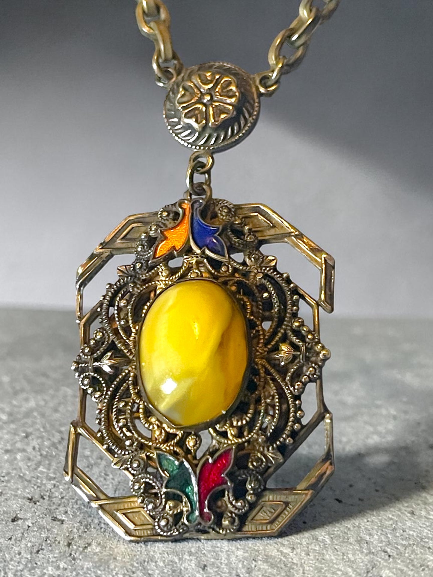 Art Nouveau Czech Brass Filigree Yellow Marbled Art Glass & Guilloché Necklace