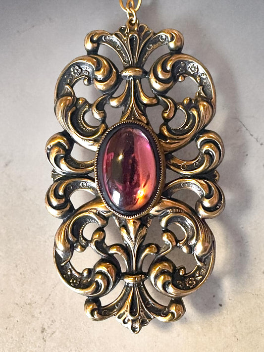 Art Nouveau Ornate Brass Purple Art Glass Pendant Necklace