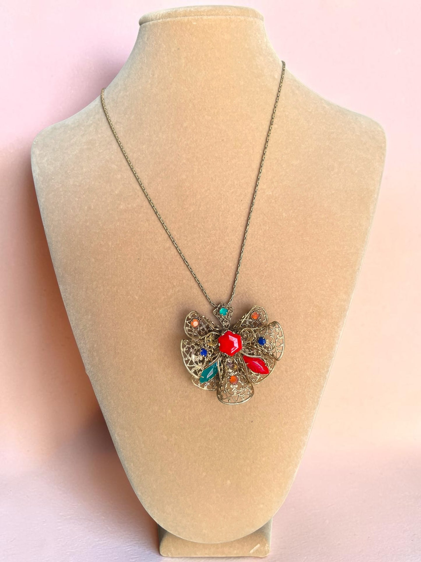 Czechoslovakian Red, Blue, Green & Orange Faceted Art Glass Brass Filigree Necklace