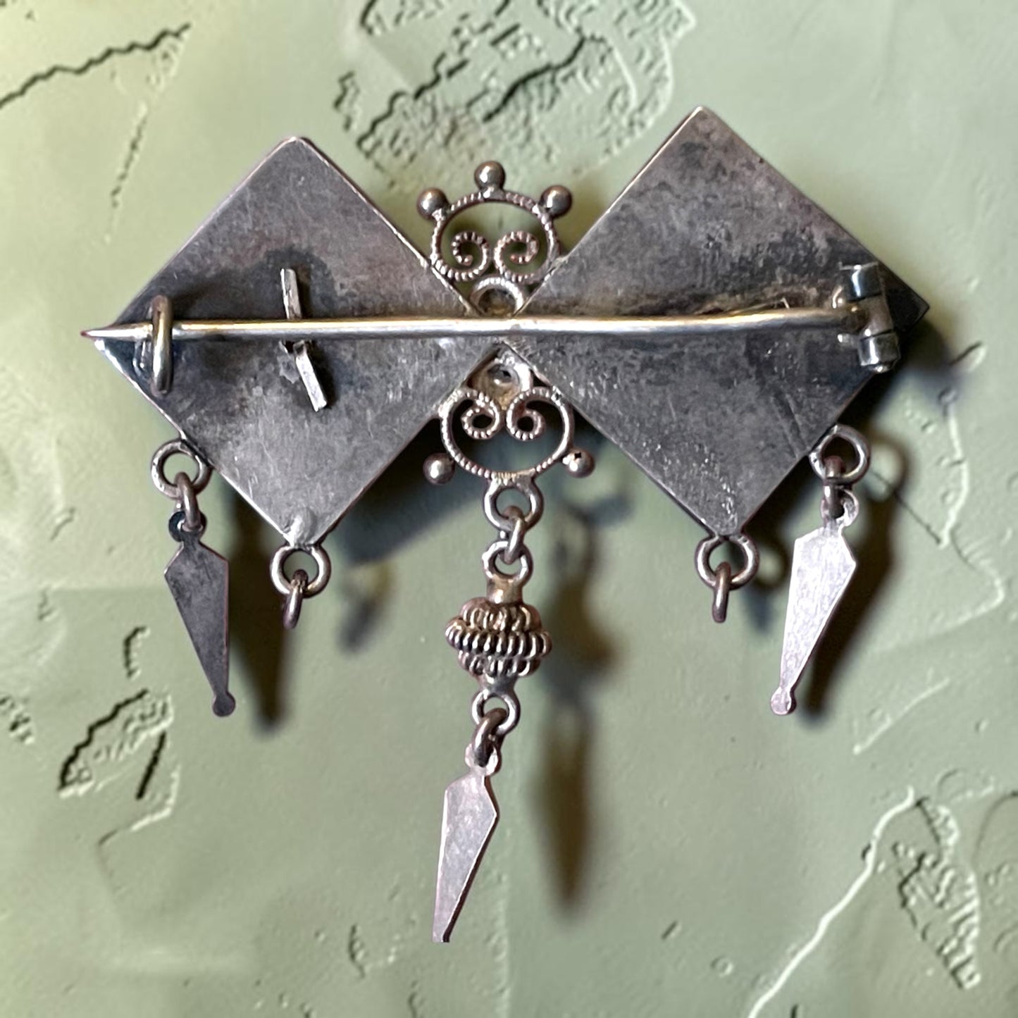 Etruscan Sterling Silver Filigree Hollow-work Dangle Brooch