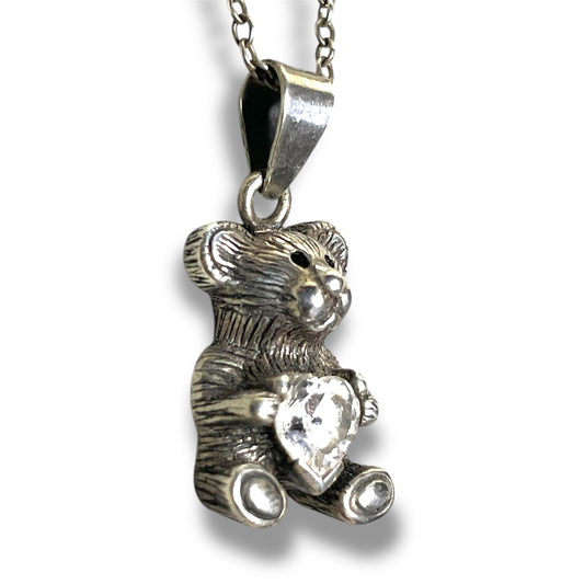 Sterling Silver Teddy Bear Holding Quartz Gemstone Heart Necklace Pendant Charm