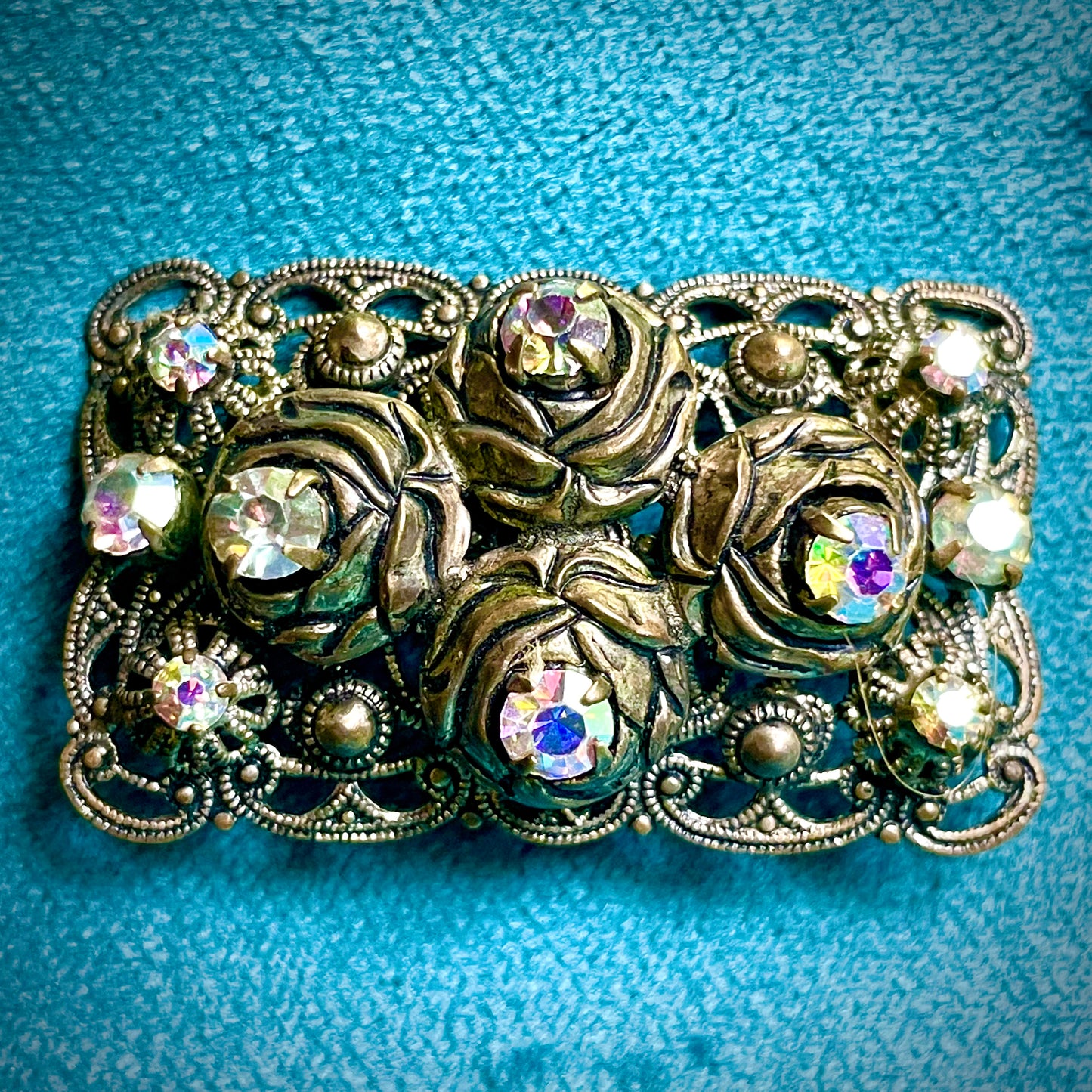 West German Aurora Borealis Crystal Brass Filigree Rose Brooch