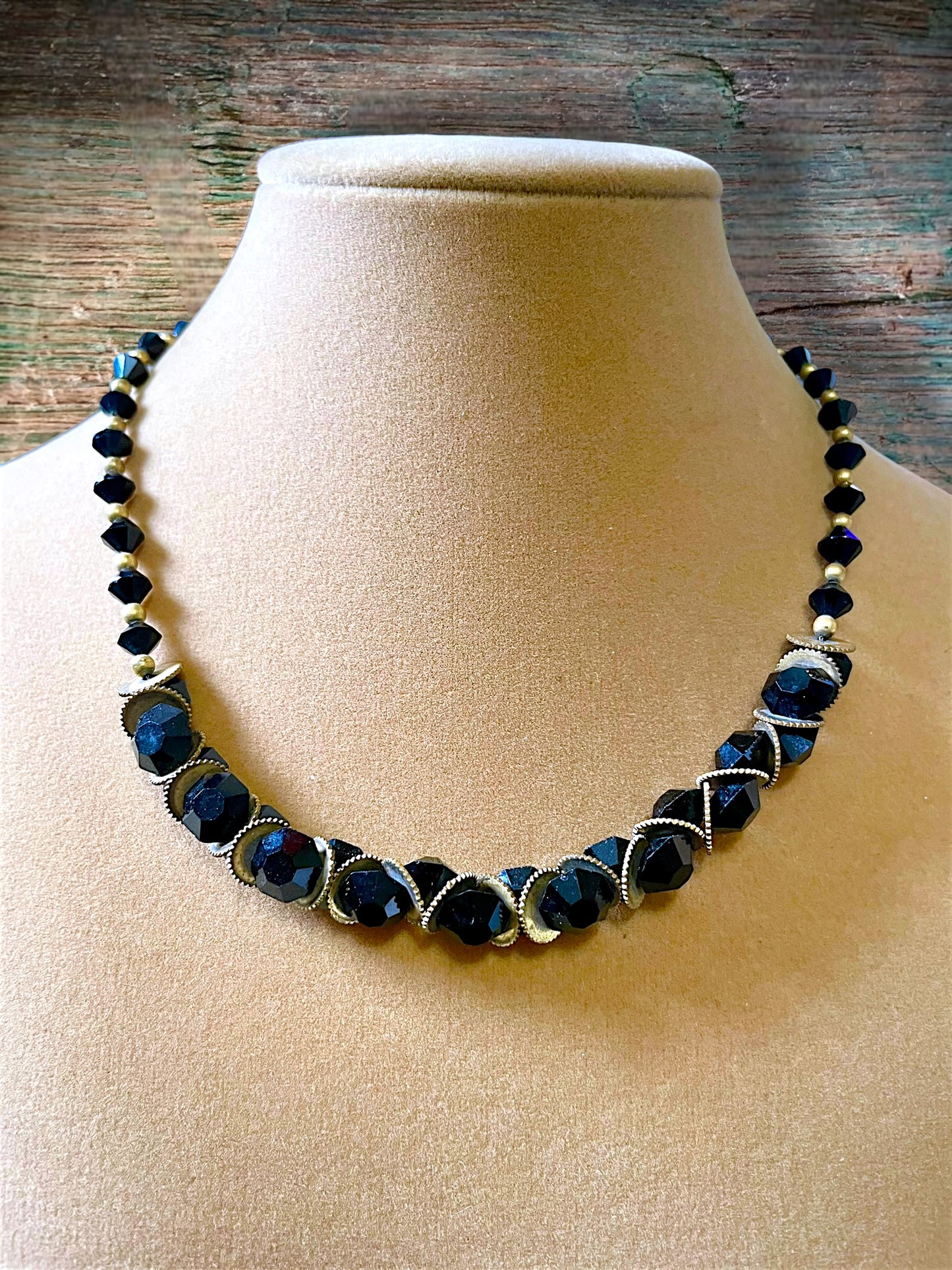 Victorian Mourning Black Crystal & Brass Saw-blade Gothic Chain Necklace