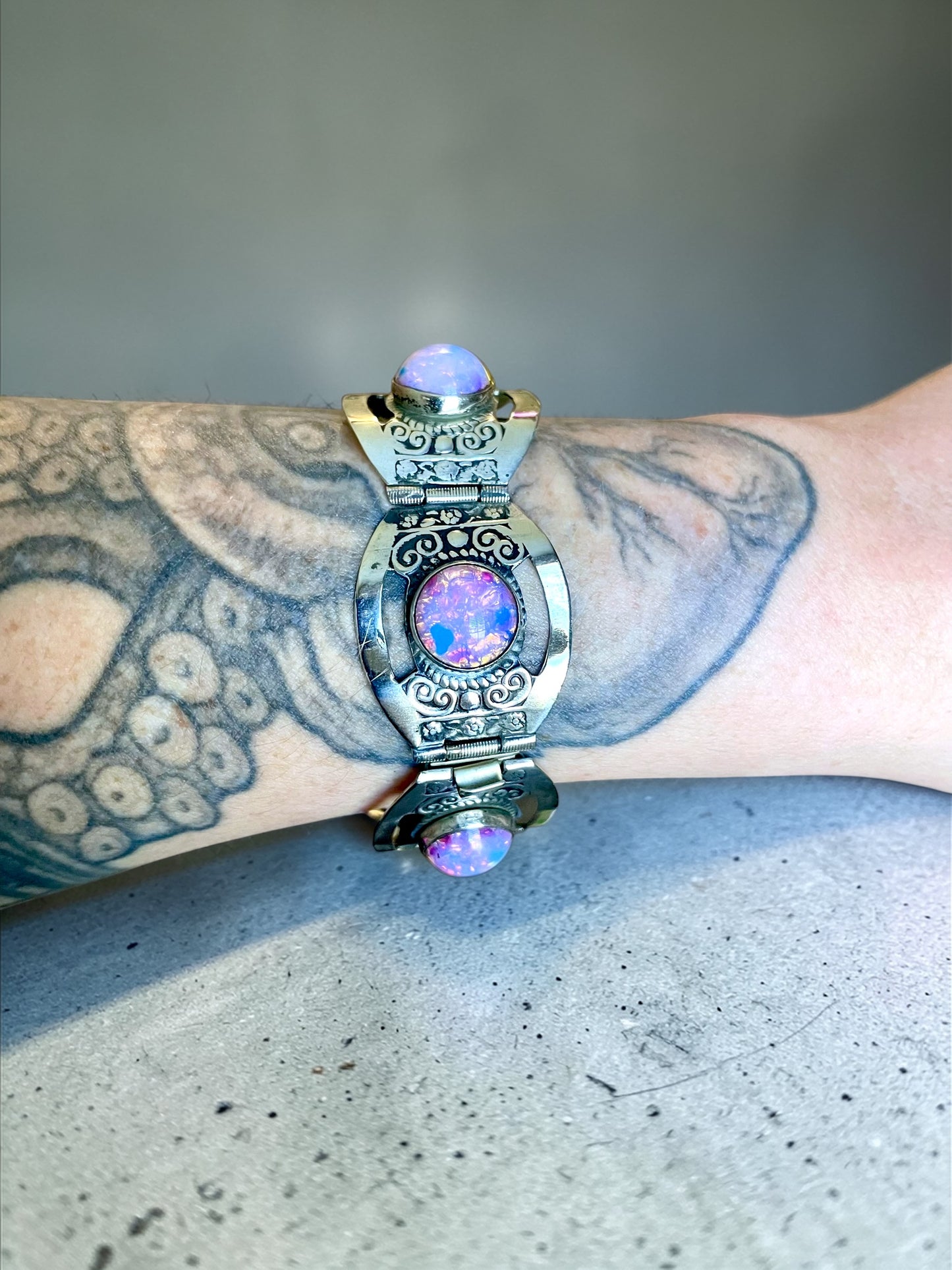 Sterling Pink Dragons Breath Fire Opal Foil Art Glass Taxco Mexico Bracelet