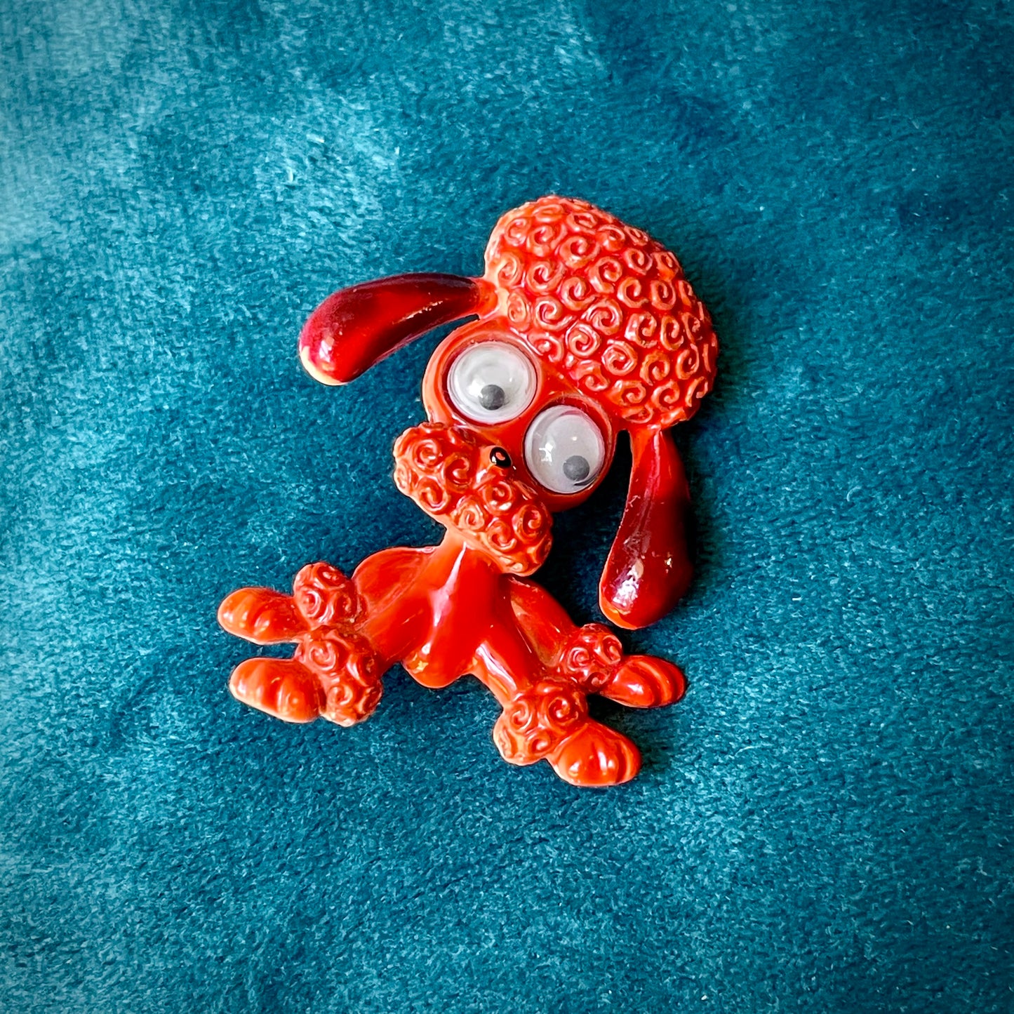 Adorable Googly Eyes Figural Orange & Red Enamel Poodle Dog Brooch