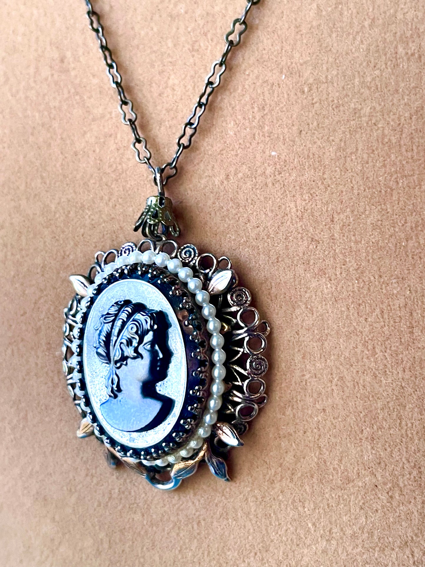West German Brass Filigree Small Black Mirror Art Glass Hematite Cameo & Pearl Necklace