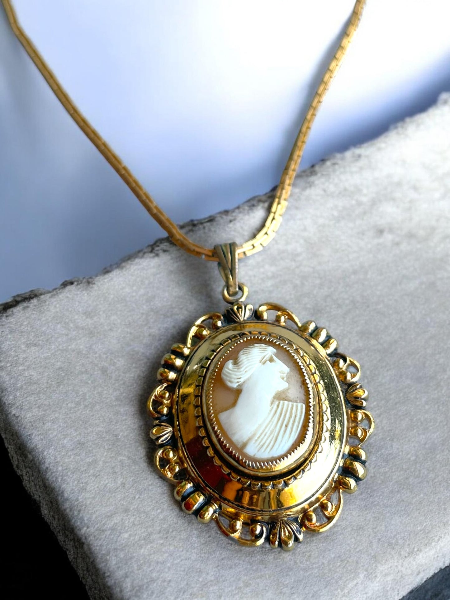 Art Nouveau Hand Carved Coral Pink Shell Cameo Photo Locket Left Facing Cameo Necklace
