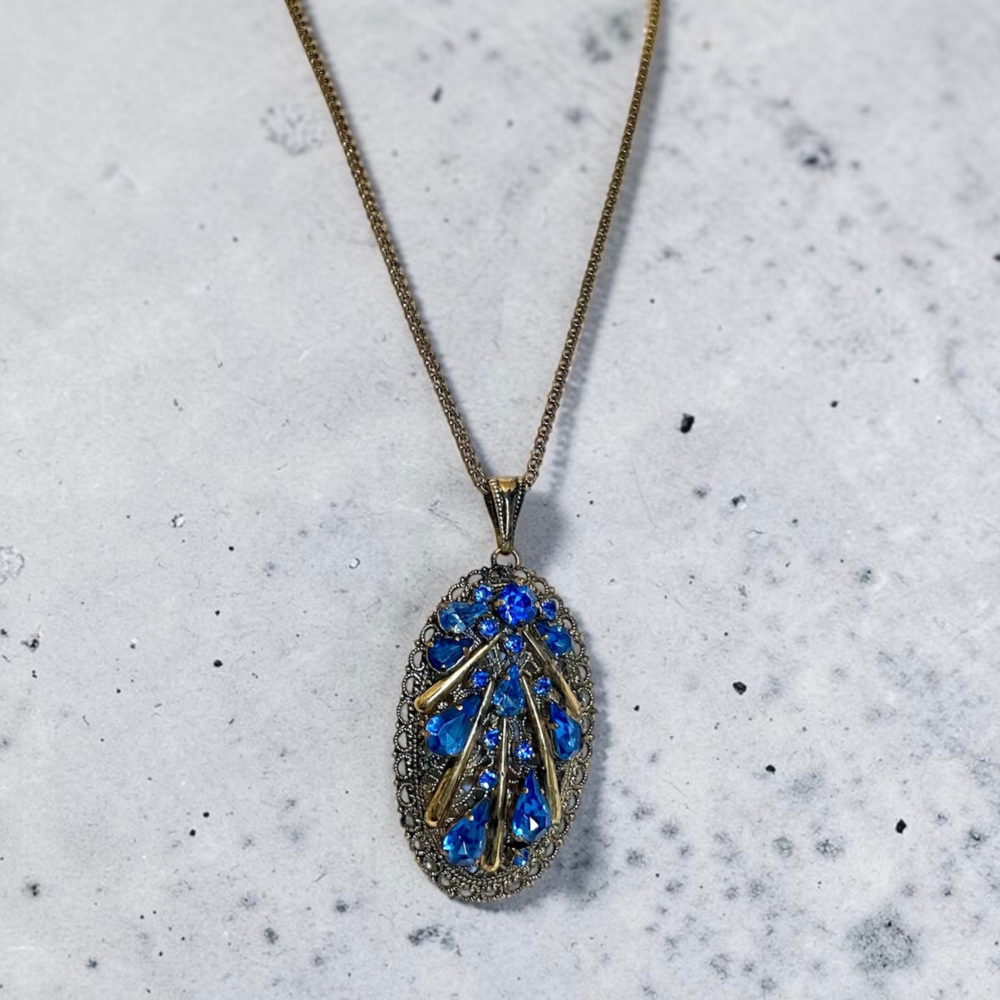 Antique Czech Brass Filigree Sapphire Prong Set Blue Crystal Pendant Necklace