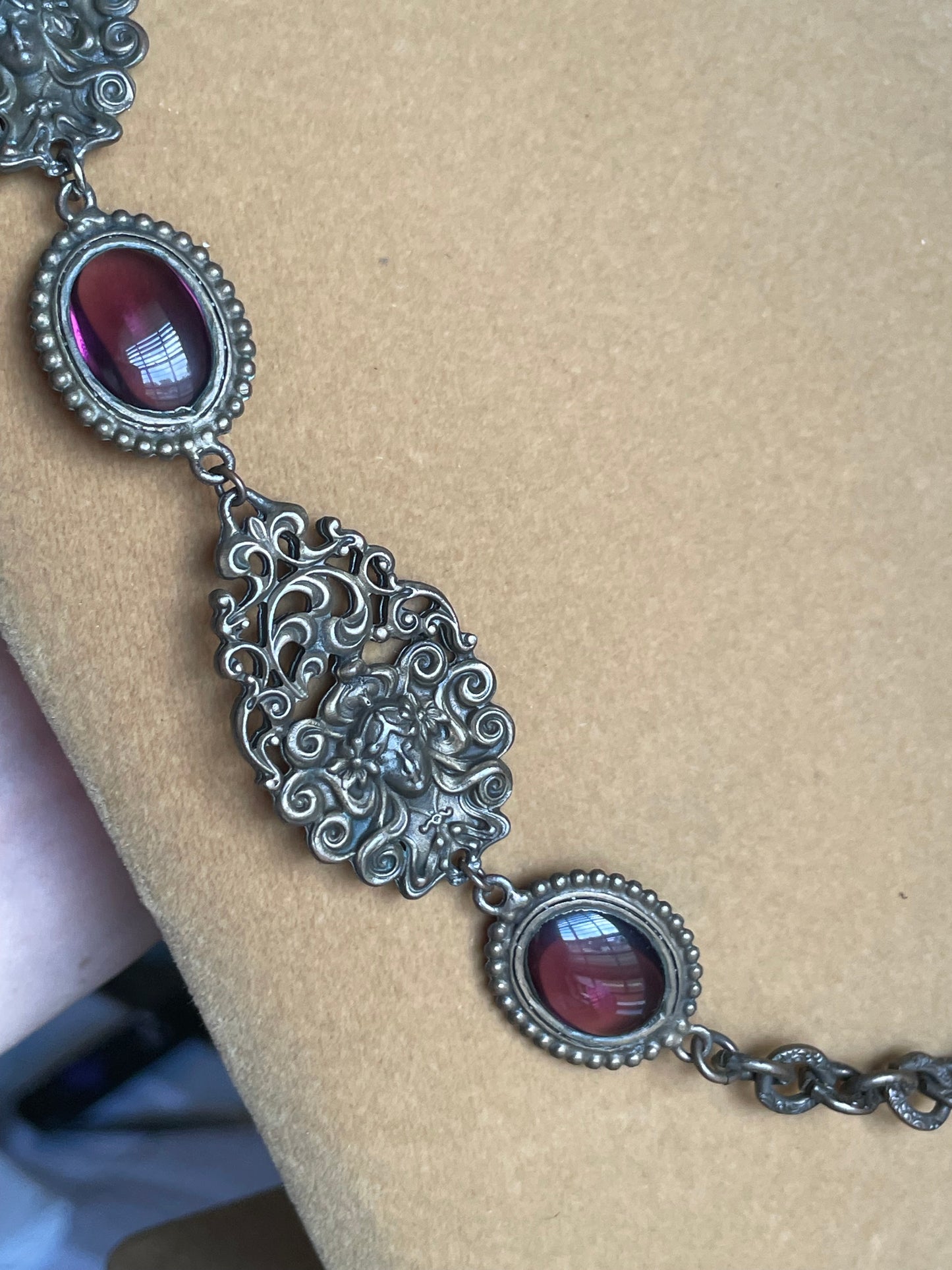 Art Nouveau Woman’s Face Flowing Hair Brass Purple Art Glass Long Necklace