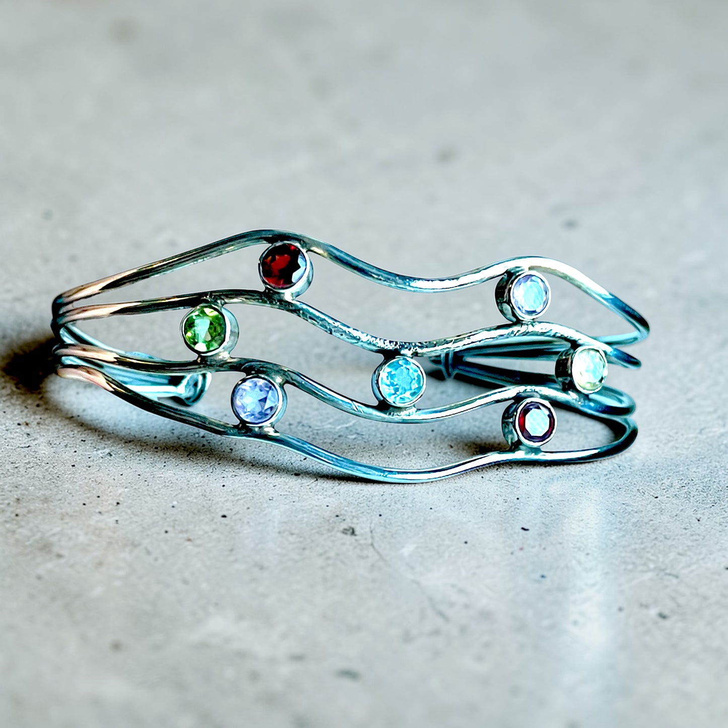 Sterling Silver Wavy Wire Aquamarine, Garnet, Amethyst, Peridot & Citrine Gemstone Cuff Bracelet