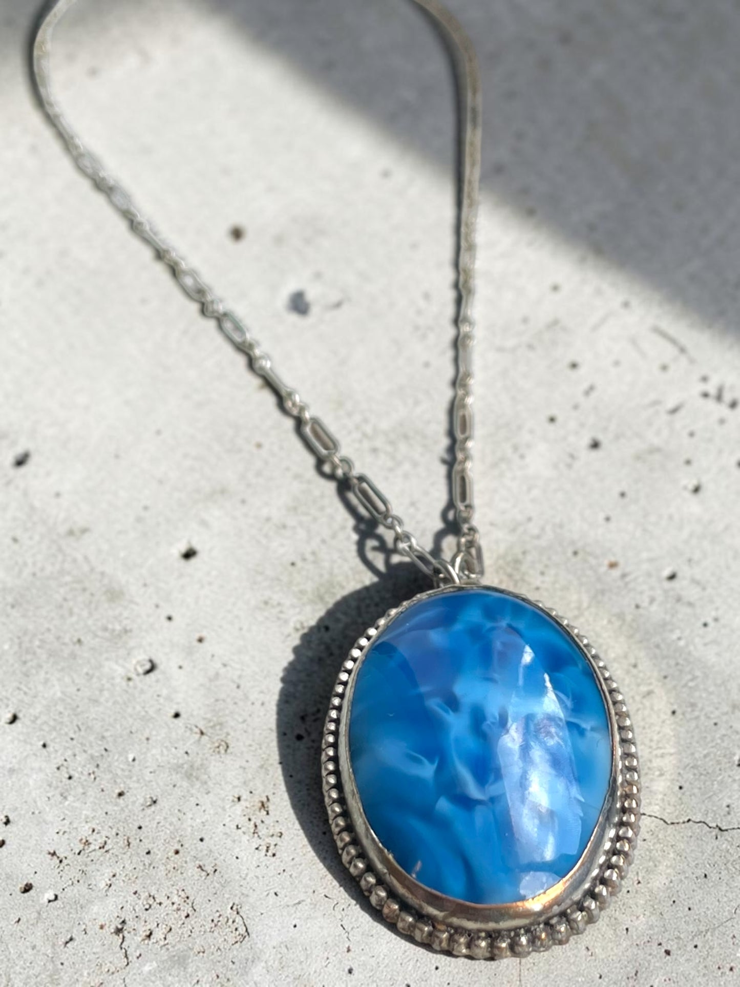 Art Deco Opalescent Blue Marble Art Glass Sterling Silver Chain Necklace