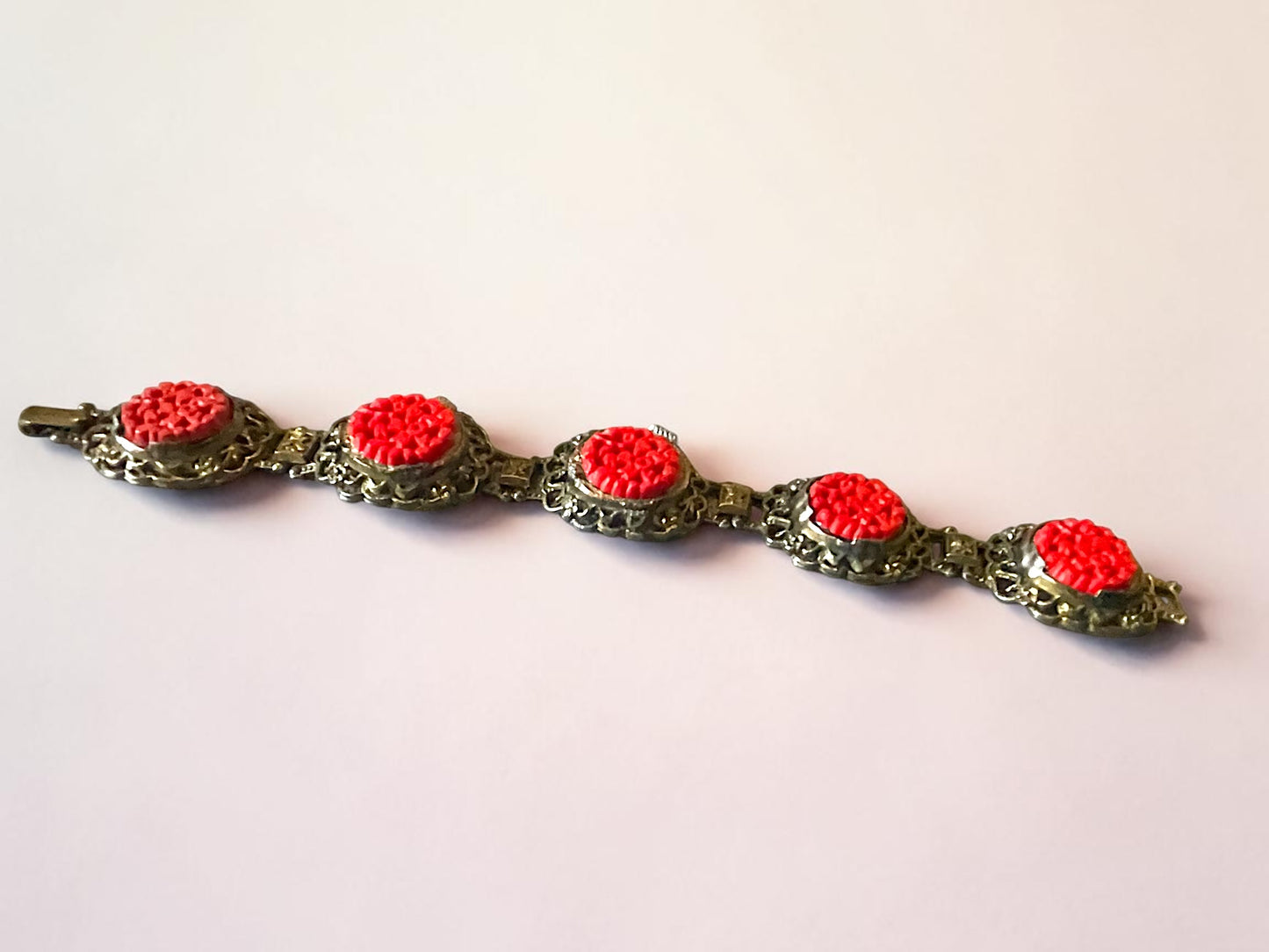 Art Nouveau Red Cinnabar Brass Flowers & Butterflies Panel Bracelet
