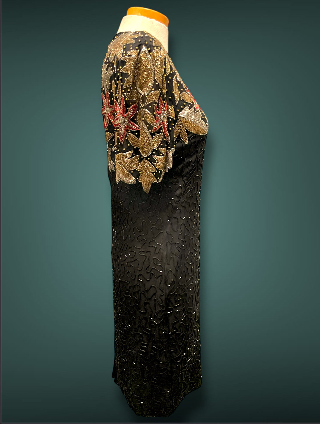 Vintage 1980’s Silk NYE Gold Silver Red & Black Glass Bead Short Dress