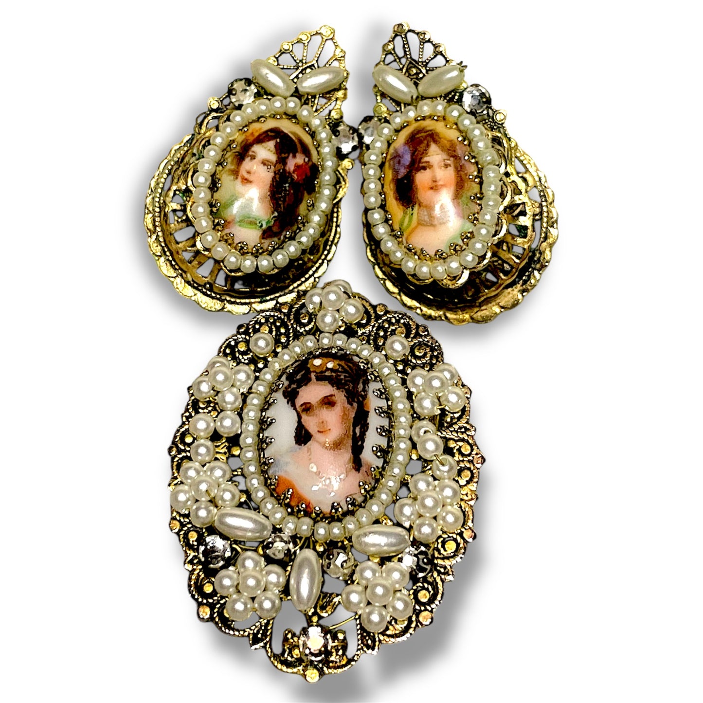 Antique Cameo & Pearl Gold Filigree Necklace, Brooch & Earring Demi Parure Set