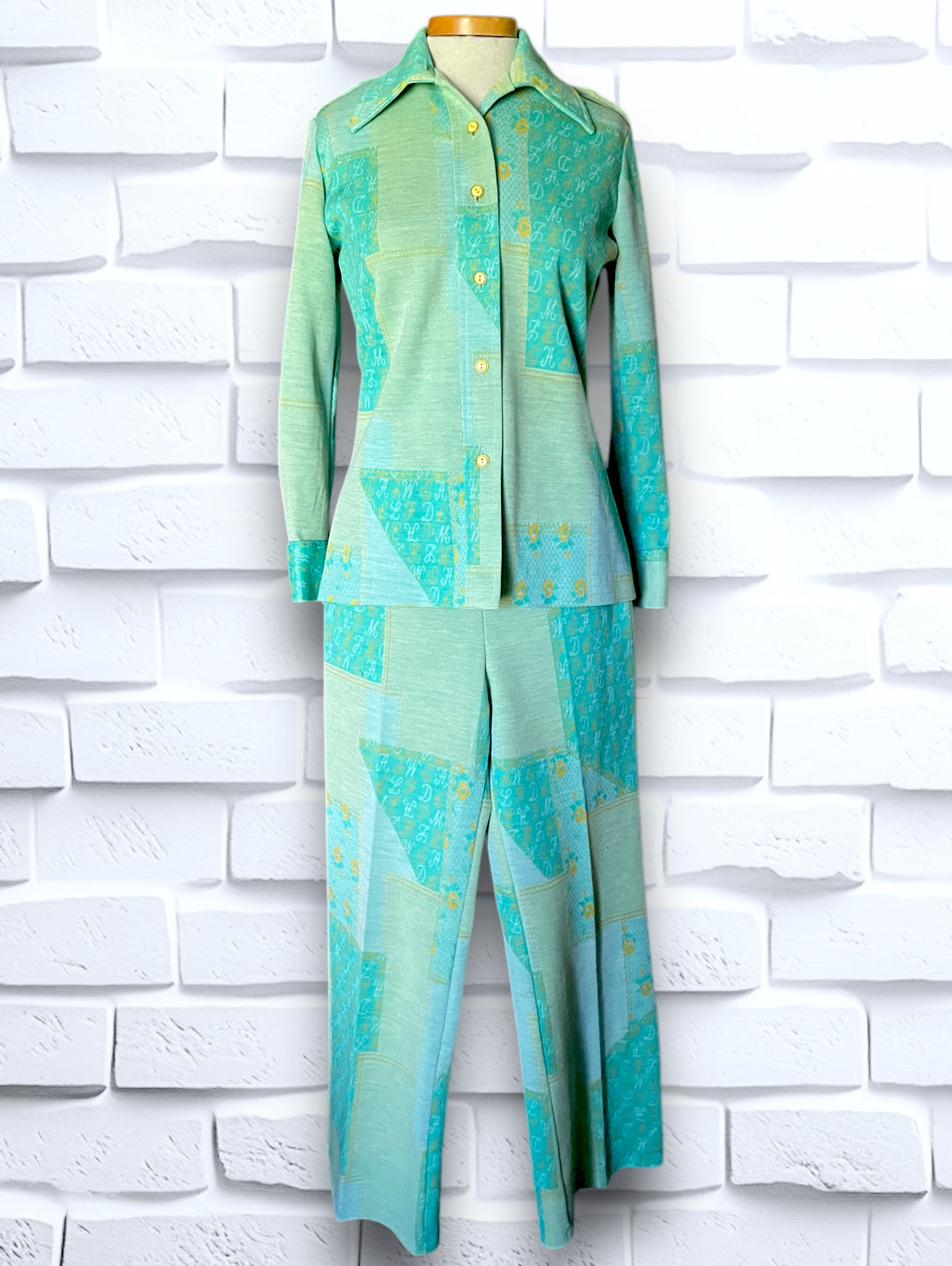 1960’s Teal, Sea Foam Green & Yellow Patchwork & Monogram Pattern Suit Outfit