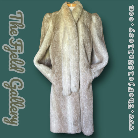 1960 Beige & Ivory Faux Fur Long Overcoat w/ Attached Fur Scarf