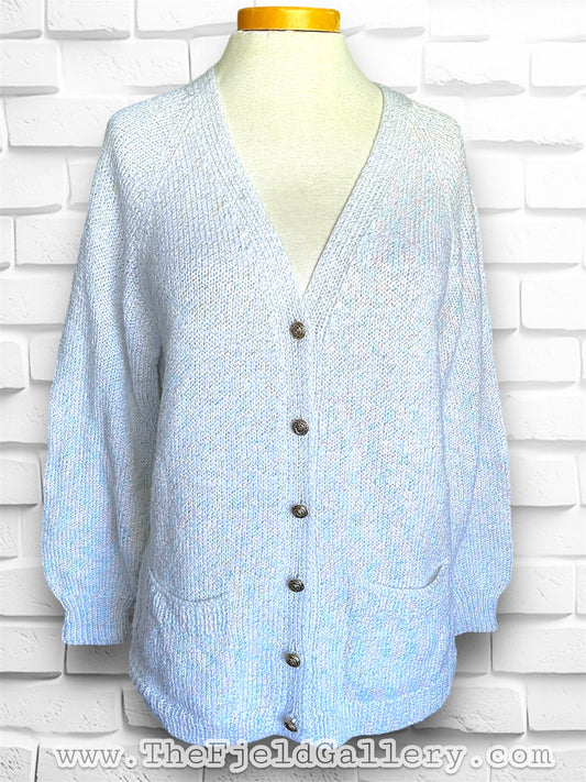 Vintage Light Grey/White Cardigan with Metallic Blue, Pink & Yellow Threading