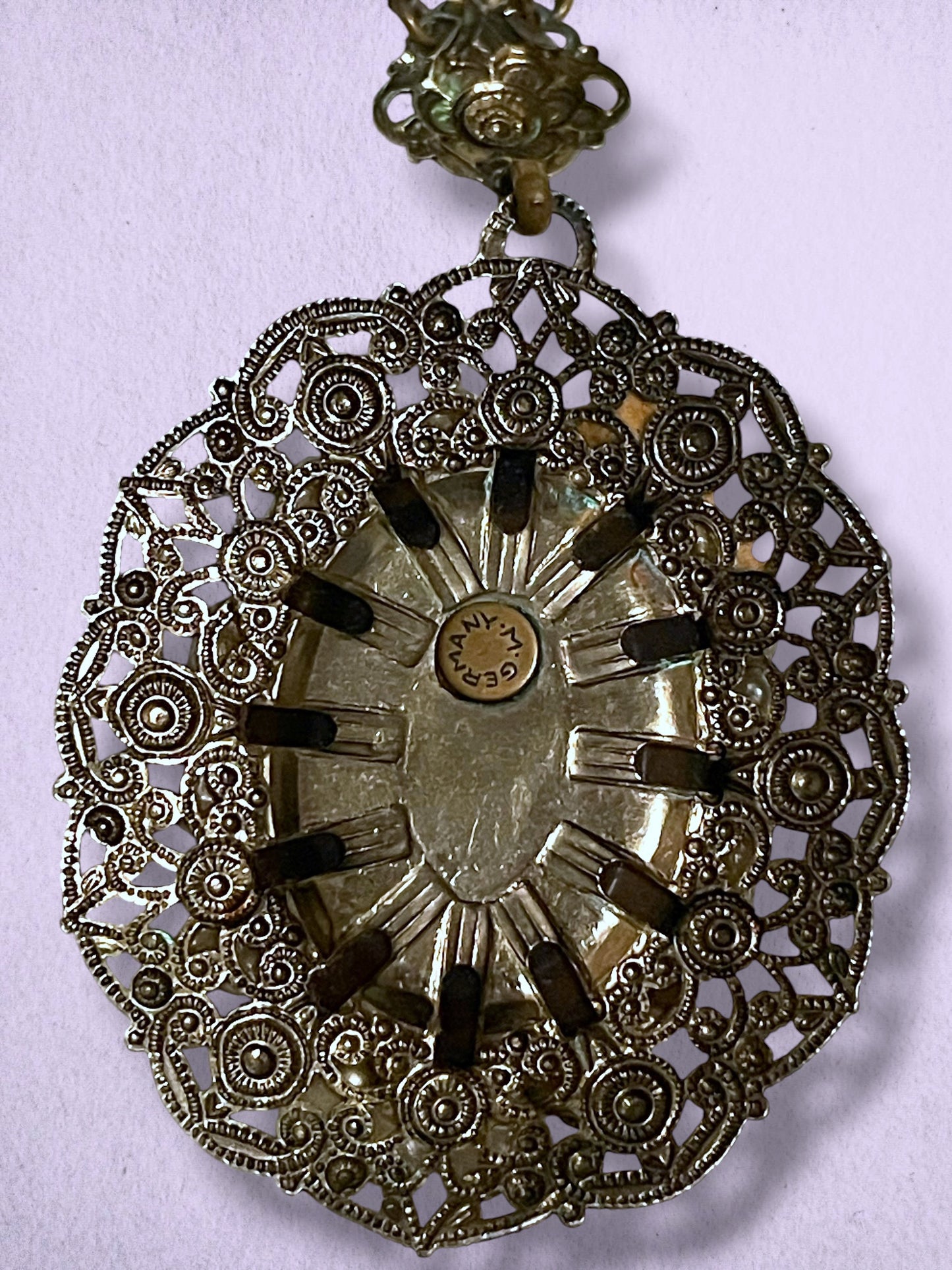 West German Brass Filigree Amber Art Glass Cameo & Pearl Necklace