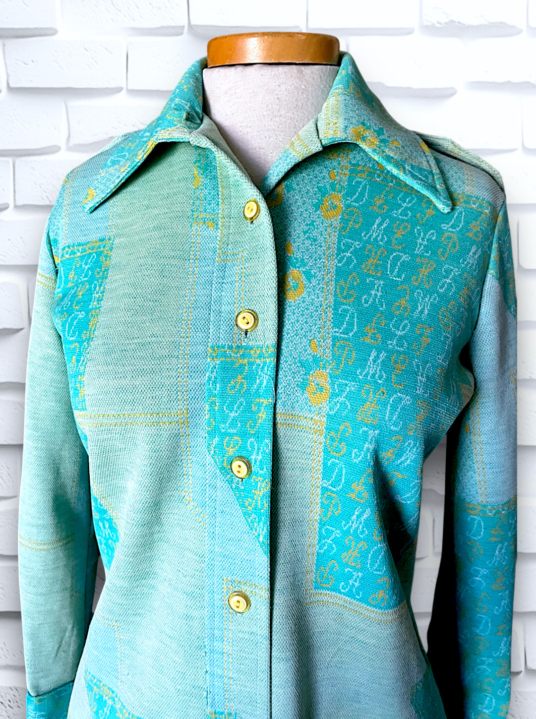 1960’s Teal, Sea Foam Green & Yellow Patchwork & Monogram Pattern Suit Outfit