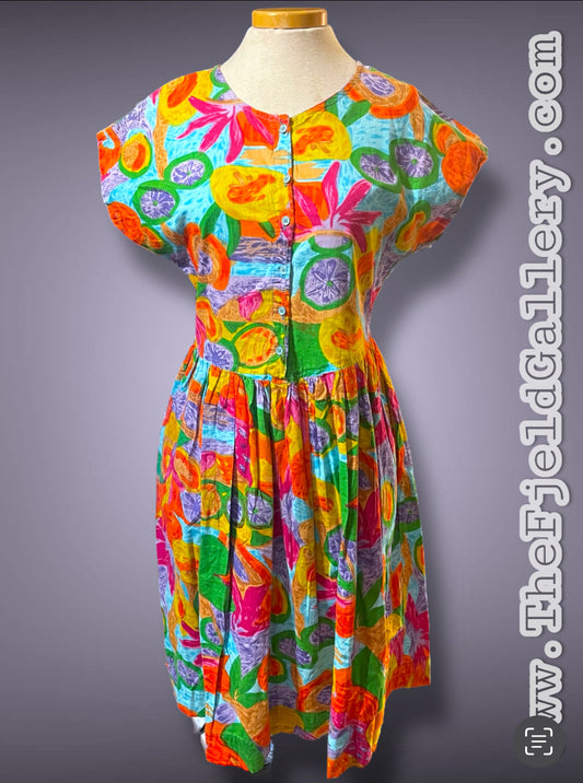1990’s Bright Rainbow Flower & Fruit Pattern Button Bust Pocket Dress
