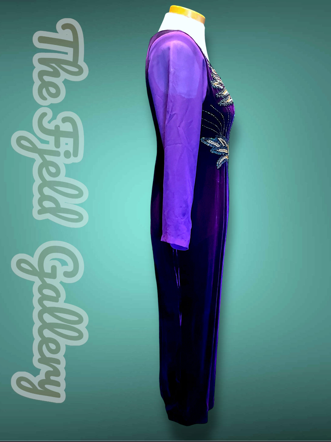 Deep Purple Velvet & Sheer Aurora Borealis Sequin Maxi Gown Dress