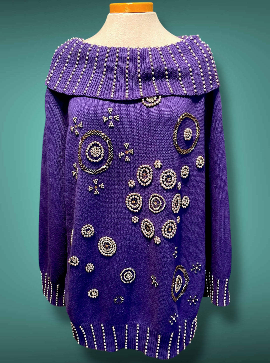 Vintage 1980’s Purple Oversized Boat Neck Sweater with Gold Bead Detail Design