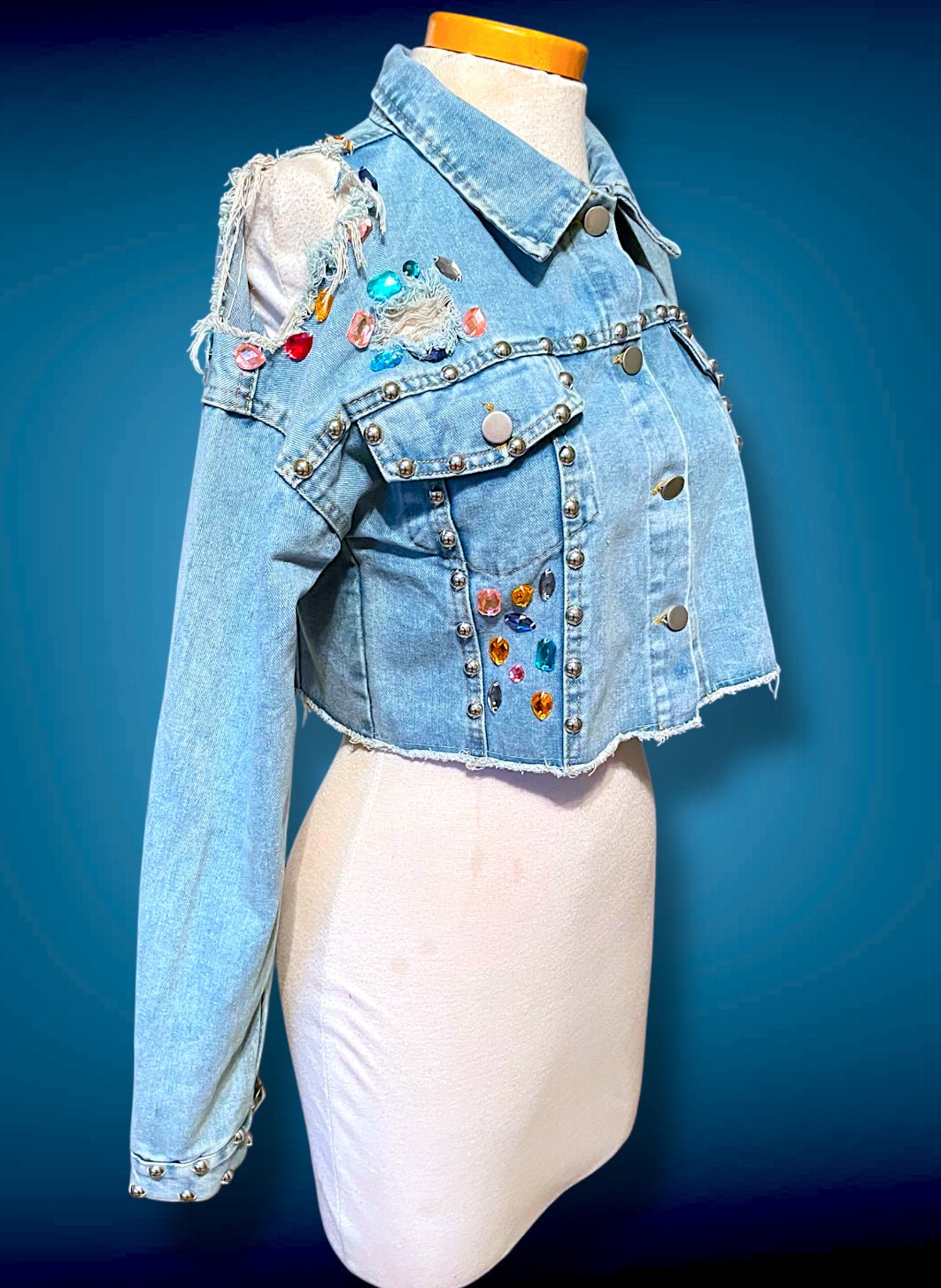 Vintage 1980’s Rainbow Jewel Crystal Stone Encrusted & Metal Rivet Crop Distressed Jean Jacket
