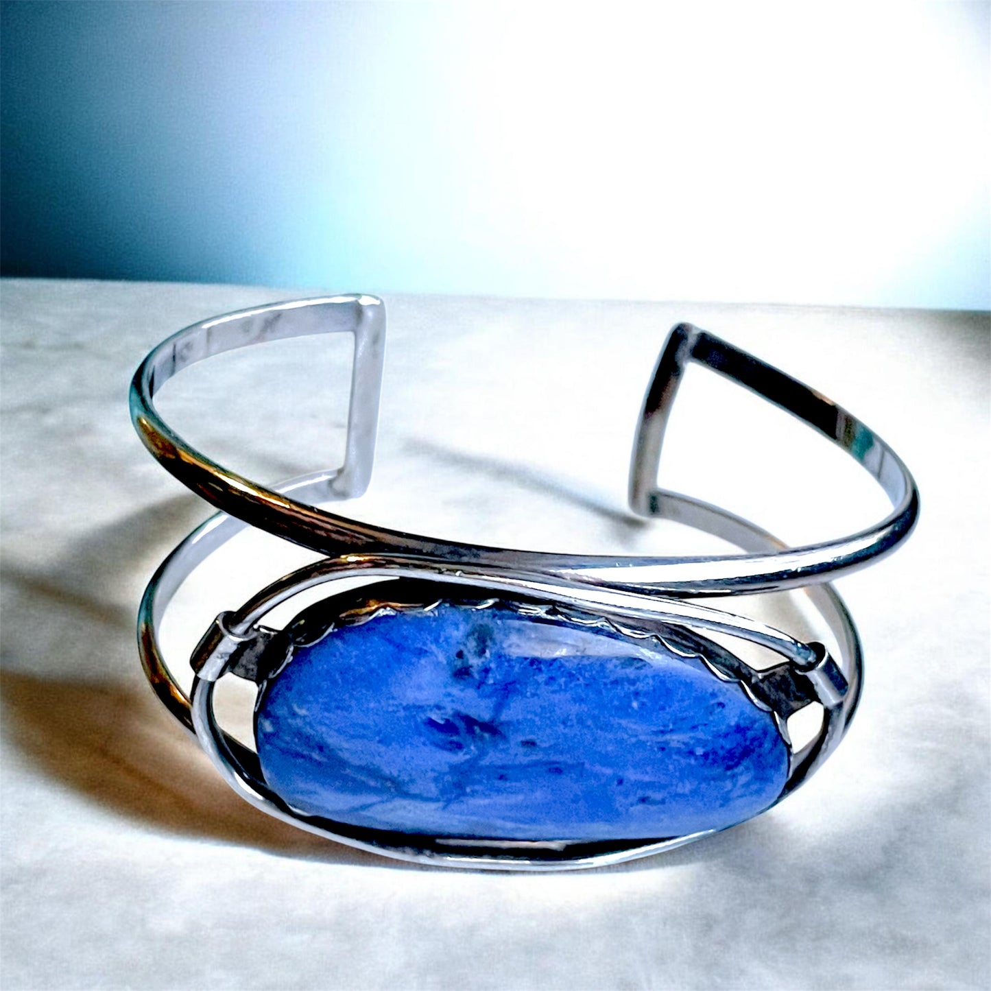 Antique Sterling Silver Sodalite Gemstone Free Bezel Set Chunky Cuff Bracelet