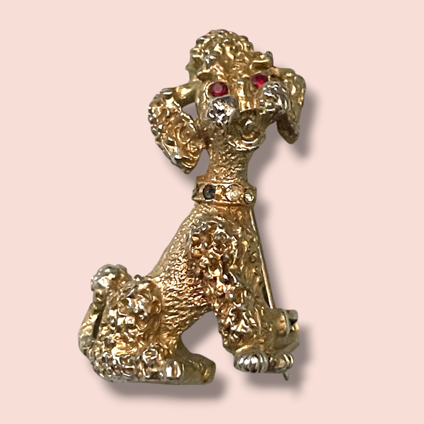 Adorable Designer Gold Poodle with Red Crystal Eyes & Crystal Collar Brooch