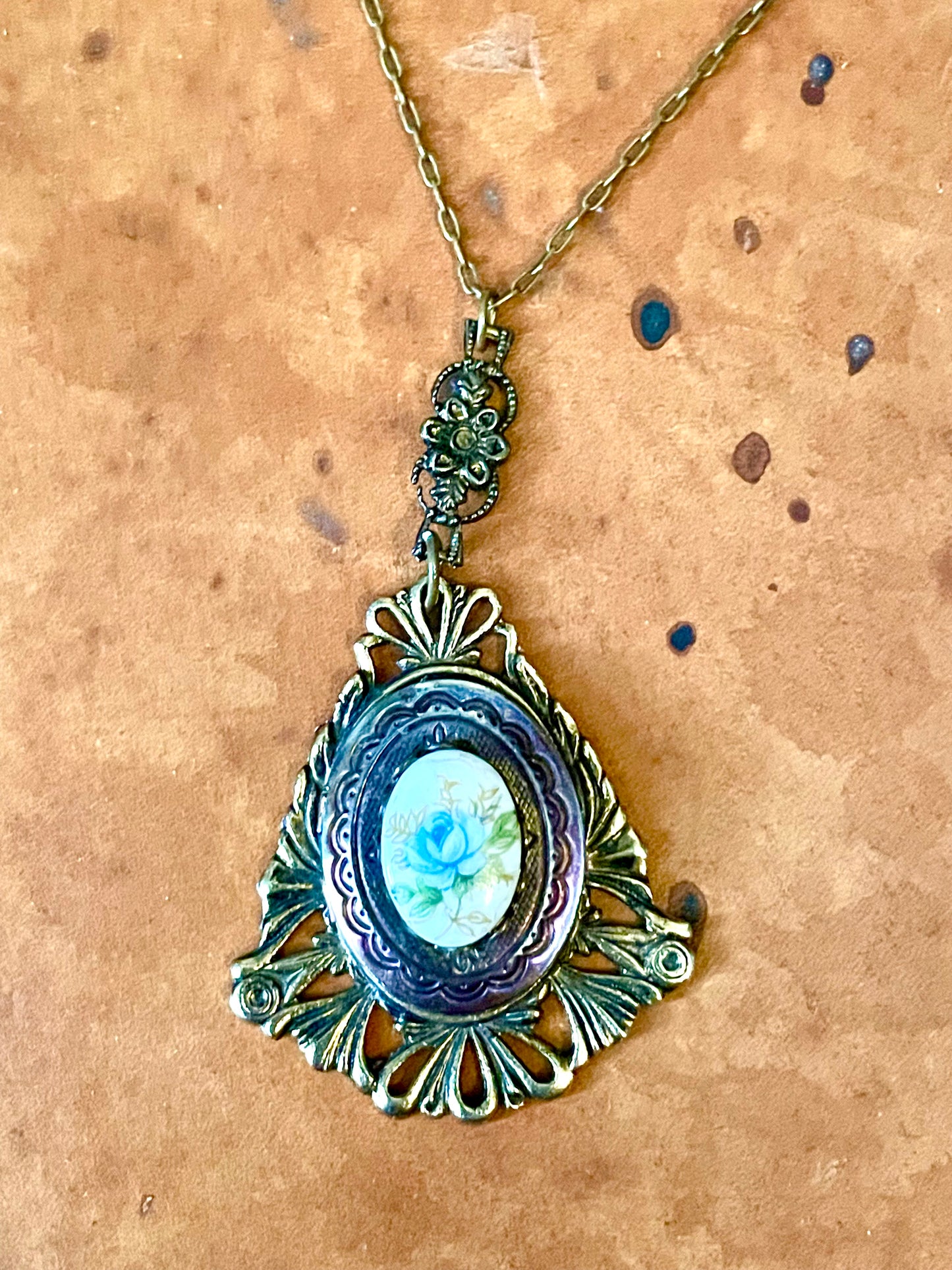 Art Nouveau Brass & Titanium Oxidized Rainbow Metal Porcelain Limogé Blue Rose Locket Necklace