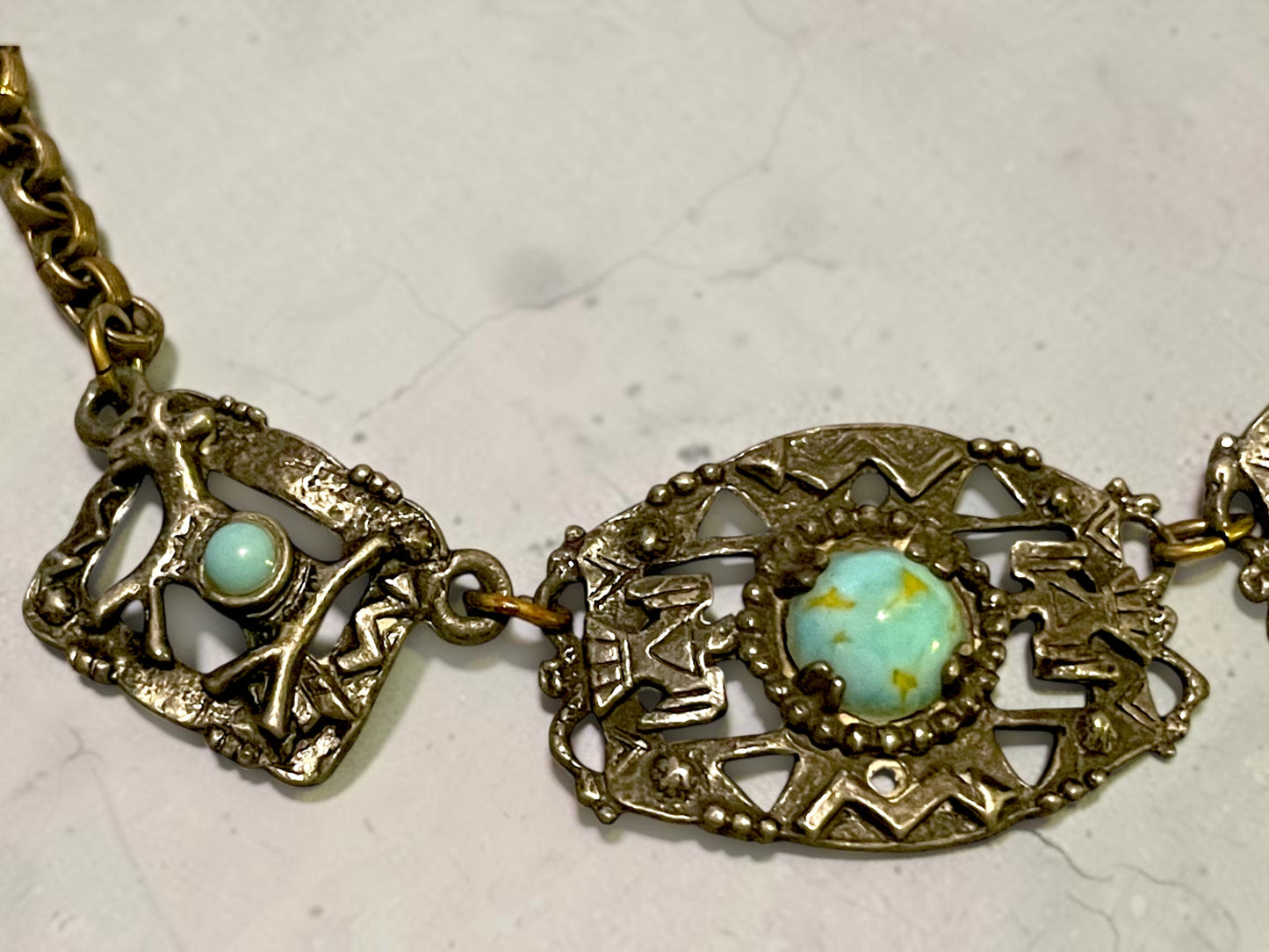 1940’s Southwest Thunderbird Cast Silver Panel Choker Necklace