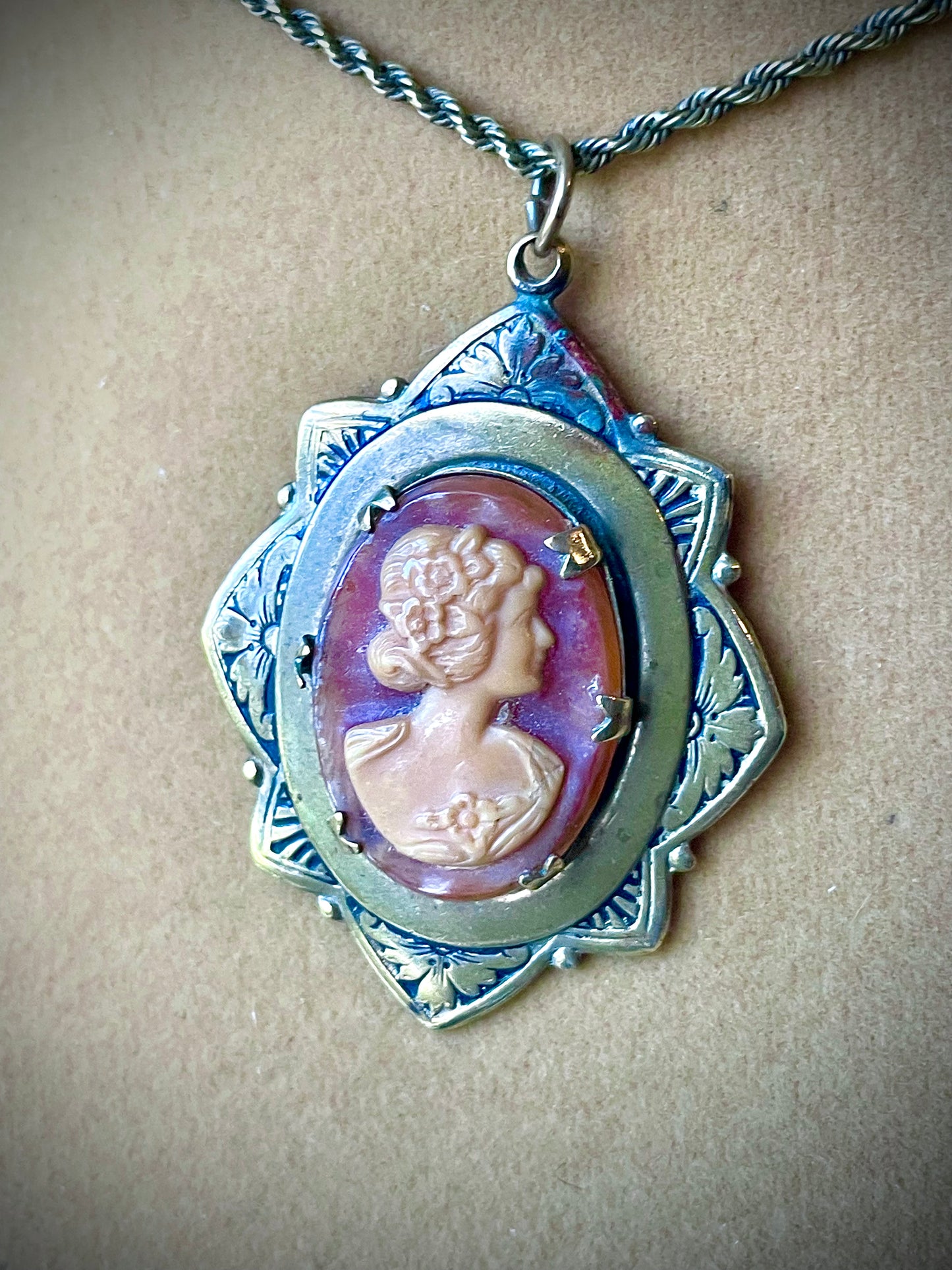 Art Nouveau Engraved Brass Orange & Cream Celluloid Cameo Necklace
