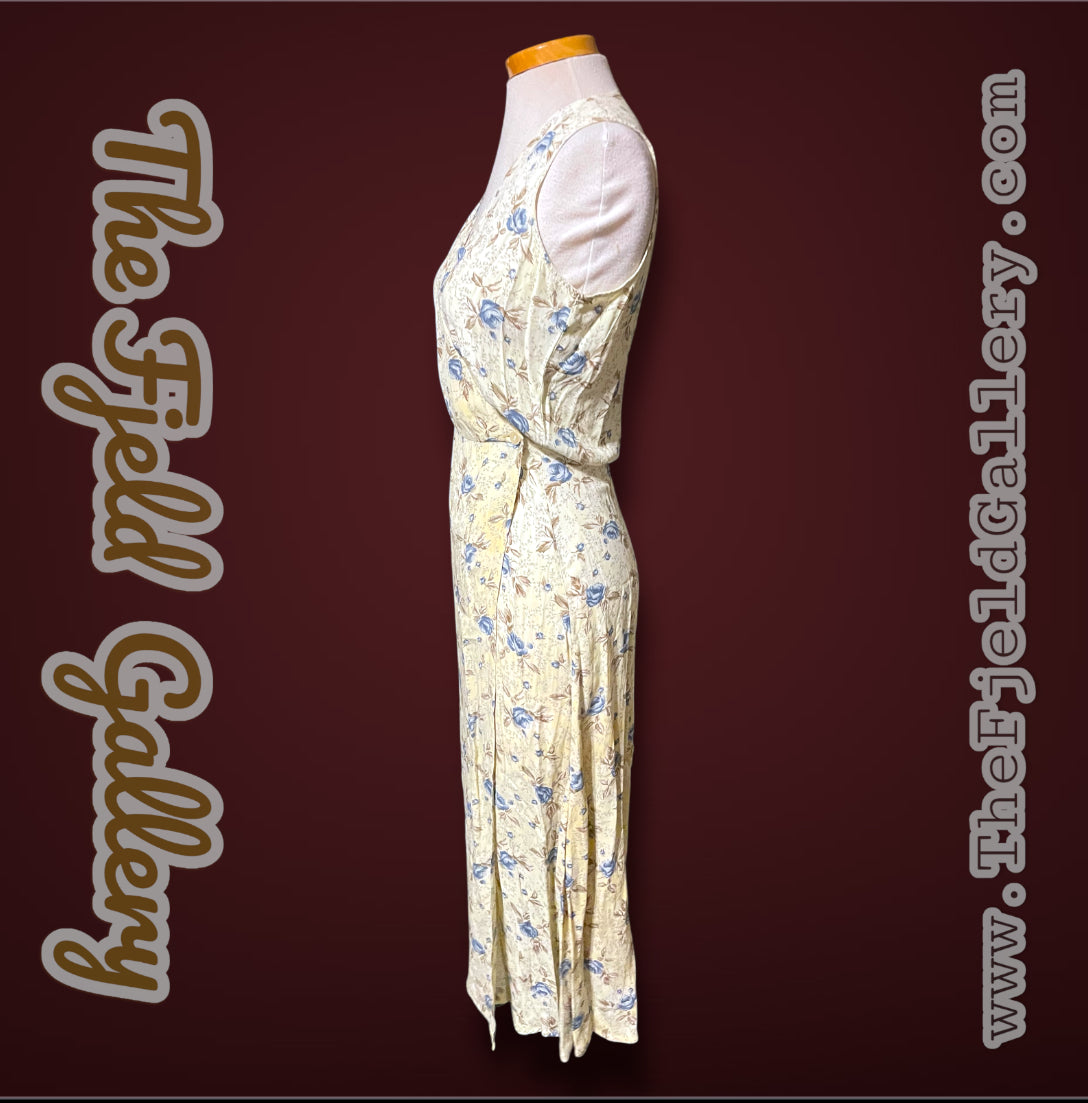 1990’s GAP Pale Yellow & Blue Floral Sleeveless Maxi Wrap Dress sz XS