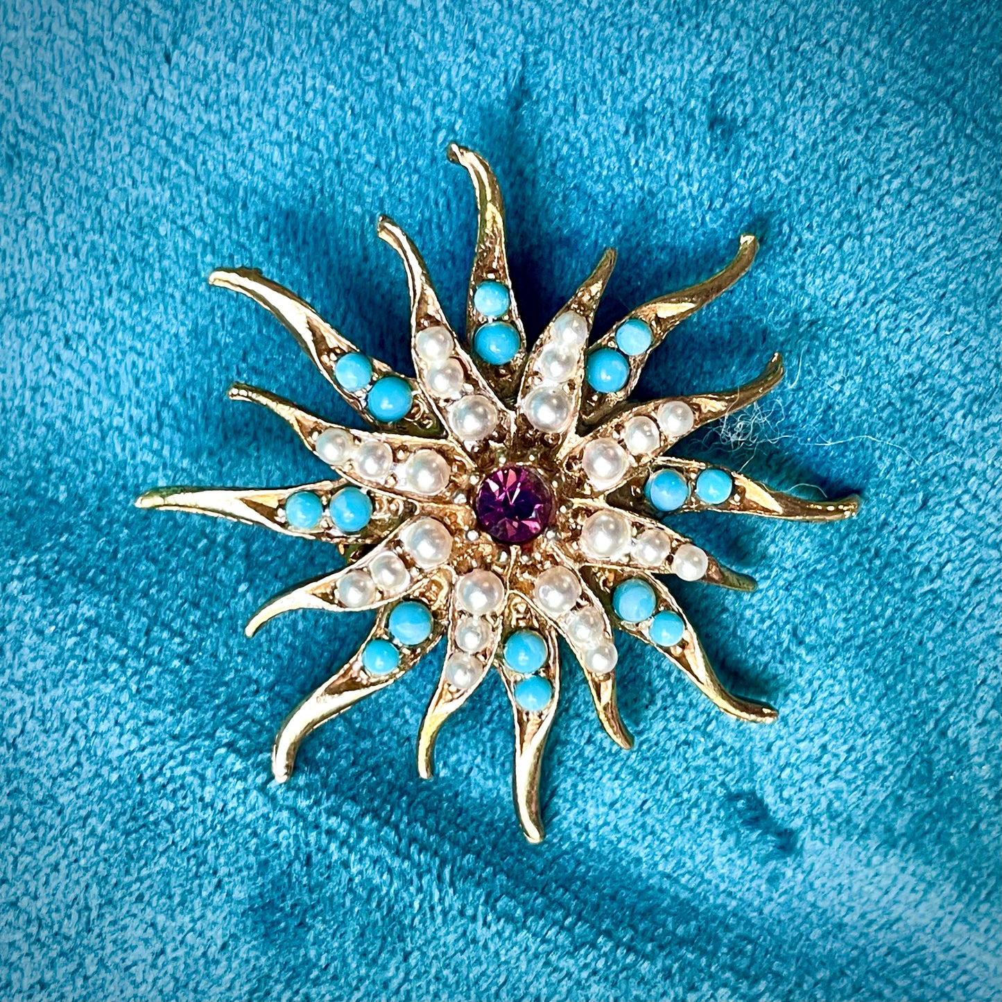 Mid Century Modern Turquoise Hubble Glass, Purple Crystal & Pearl Bracelet, Brooch, Earrings Demi Parure Set
