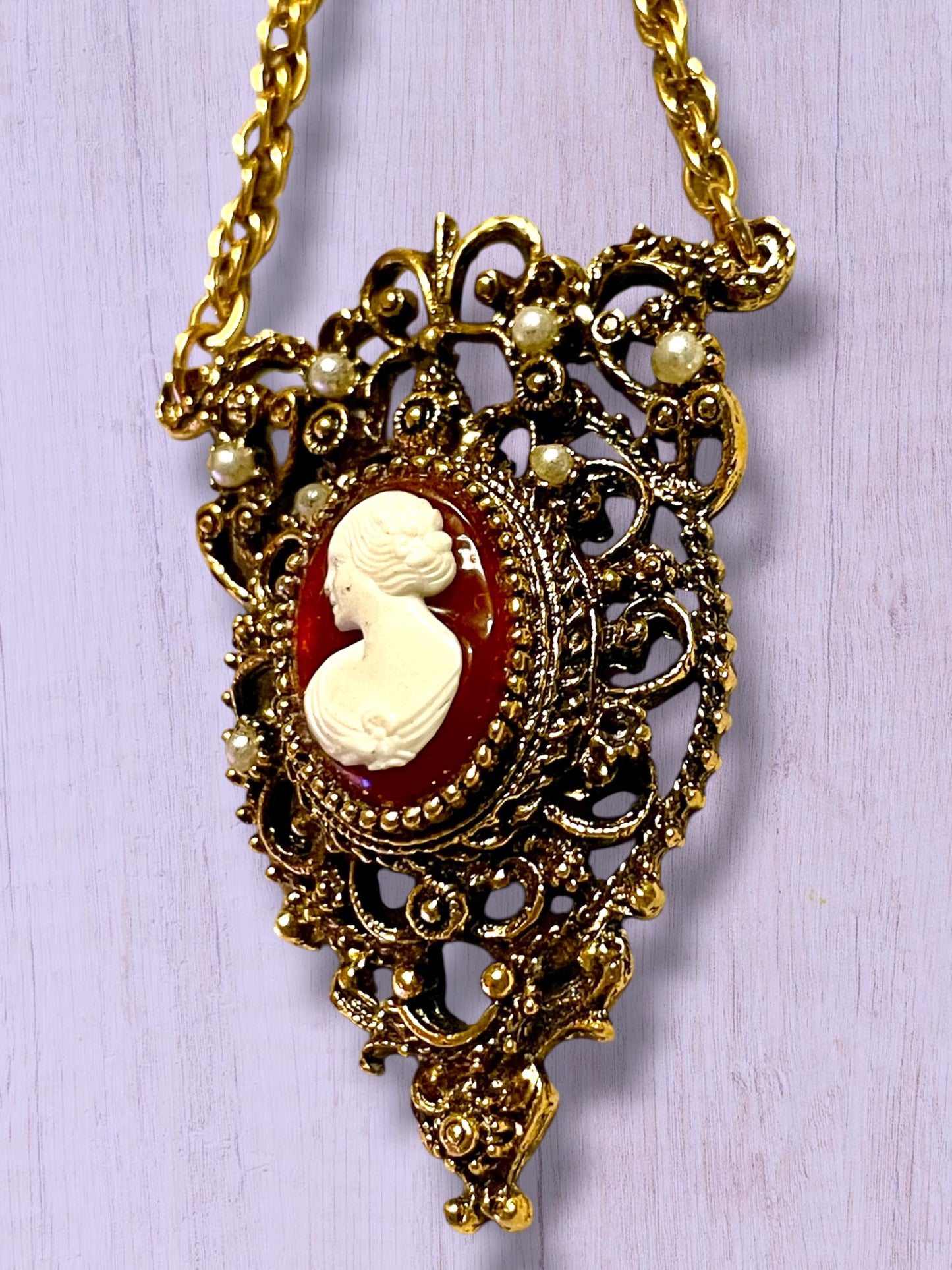 Ornate Victorian Rococo Revival Double Cameo Drop Pearl Necklace