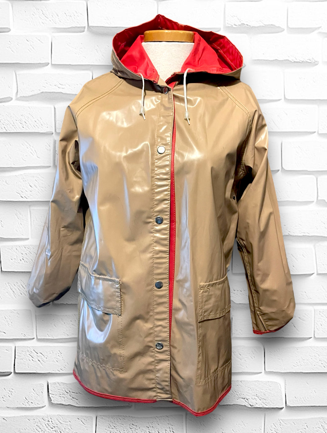 Vintage Reversible Red & Beige Hooded Raincoat Jacket