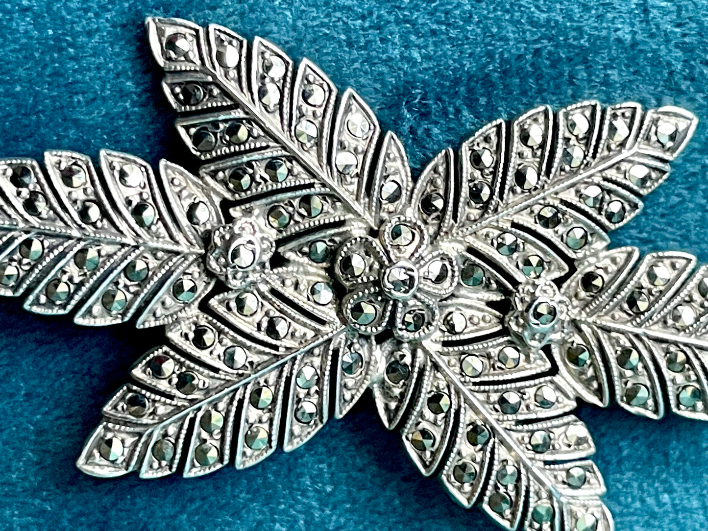 Sterling Silver & Marcasite Flower & Leaves Brooch