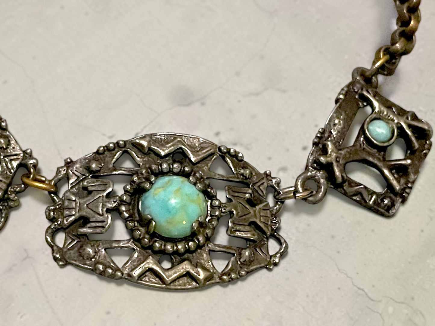 1940’s Southwest Thunderbird Cast Silver Panel Choker Necklace