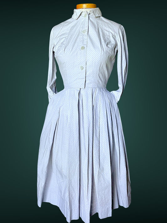1960 A-Line Red, Blue & Green Polka Dot Button up Shirt Full Skirt Pocket Dress