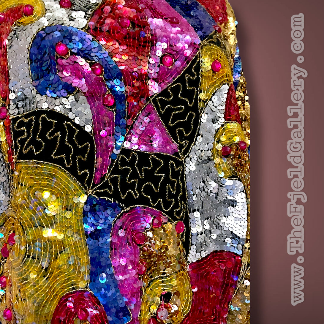 1970’s 100% Silk Sequin, Glass Seed Bead & Rhinestone Abstract Rainbow Top