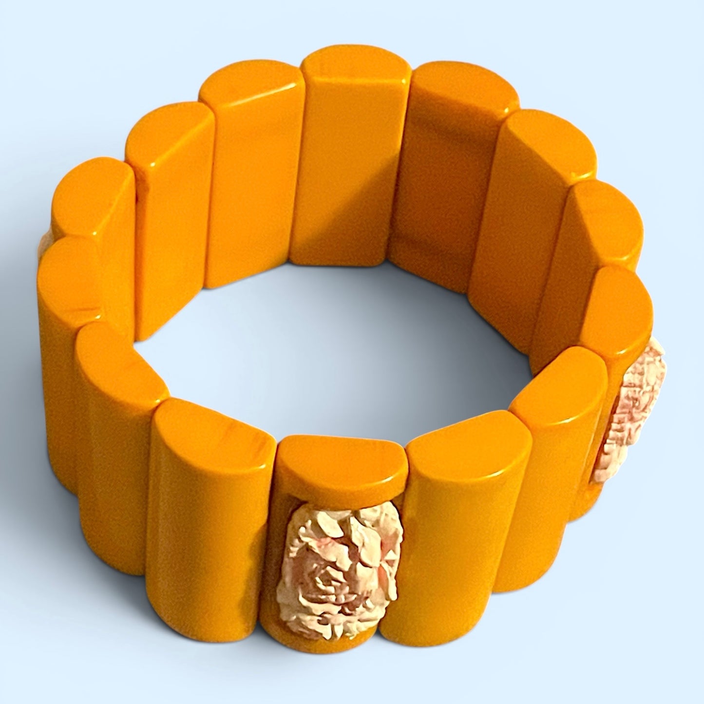 Antique Butterscotch Bakelite & Pink Molded Rose Celluloid Link Stretch Bracelet