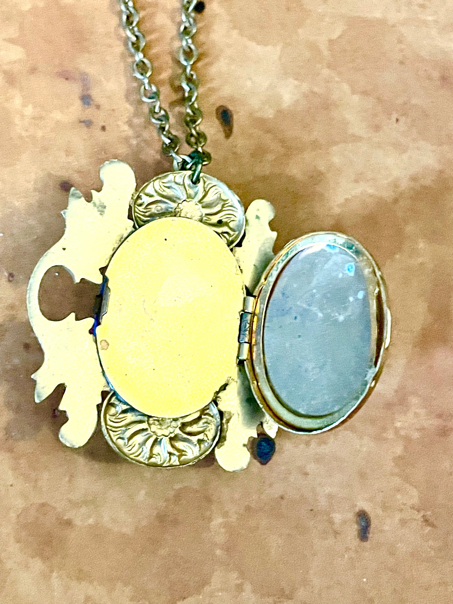 Art Nouveau Ornate Brass Blue & White Art Glass Cameo Locket Necklace