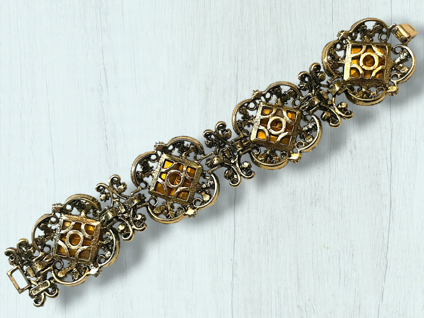 Incredible Vintage Chunky Faceted Amber & Topaz Crystal Designer Bracelet