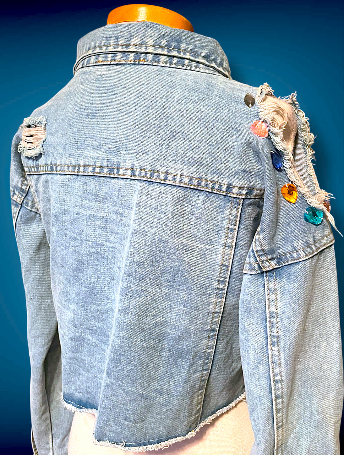 Vintage 1980’s Rainbow Jewel Crystal Stone Encrusted & Metal Rivet Crop Distressed Jean Jacket