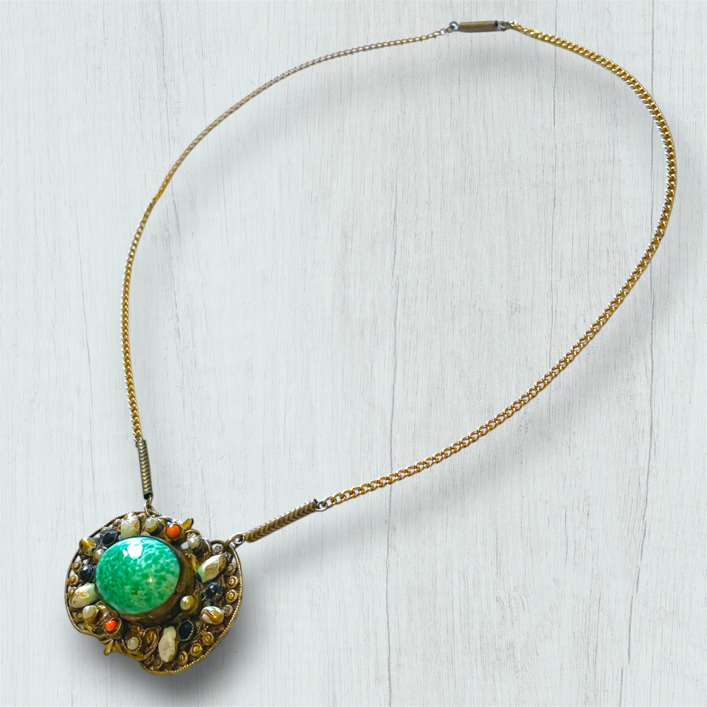 Art Nouveau Czechoslovakian Brass Filigree Jade Peking Art Glass Necklace